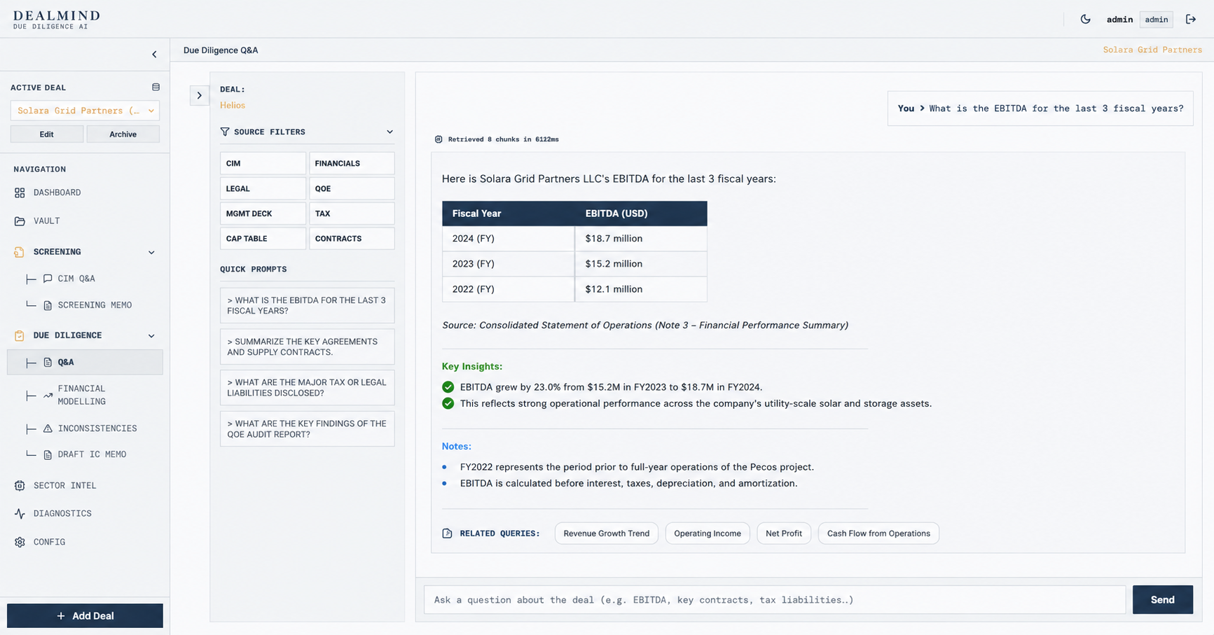 DealMind command dashboard showing pipeline targets, IRR benchmarks, live deal stream, and SOC2 single-tenant network parameters.